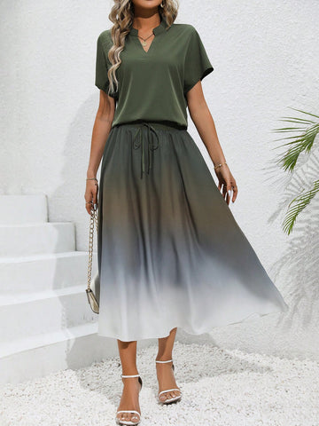 Women'S Notch V-Neck Short Sleeve Shirt And Ombre Skirt Two Piece Set