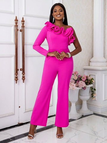 Women'S Oblique Shoulder Long Sleeve Frill Detail Jumpsuit