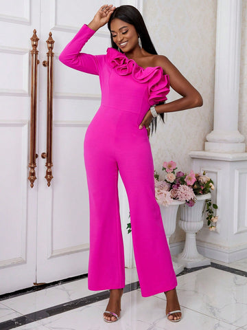 Women'S Oblique Shoulder Long Sleeve Frill Detail Jumpsuit