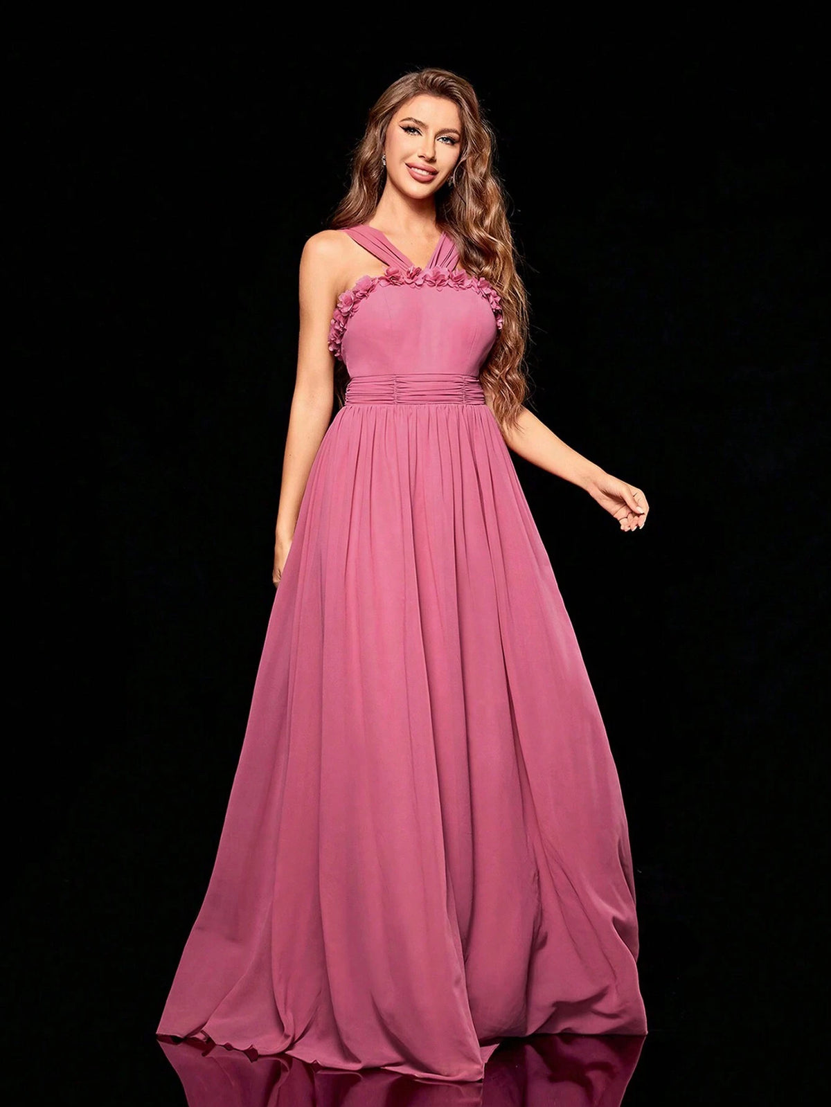 Women'S Pleated 3d Flower Decor Scarf Chiffon Dress With Train For Bridesmaid