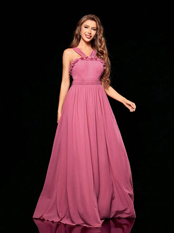 Women'S Pleated 3d Flower Decor Scarf Chiffon Dress With Train For Bridesmaid