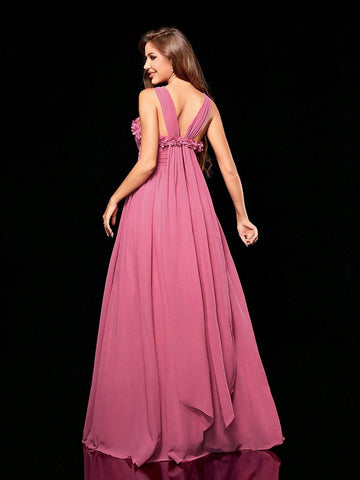 Women'S Pleated 3d Flower Decor Scarf Chiffon Dress With Train For Bridesmaid