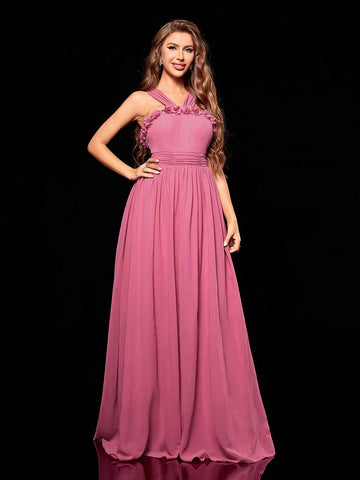 Women'S Pleated 3d Flower Decor Scarf Chiffon Dress With Train For Bridesmaid