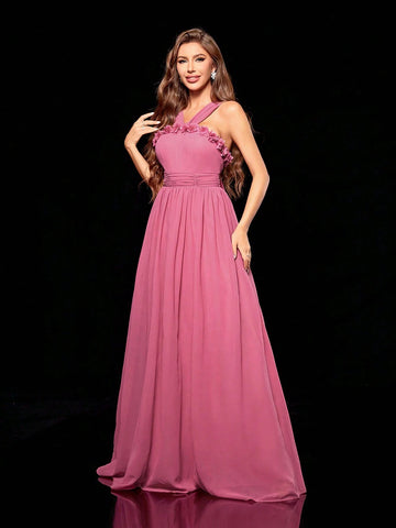 Women'S Pleated 3d Flower Decor Scarf Chiffon Dress With Train For Bridesmaid