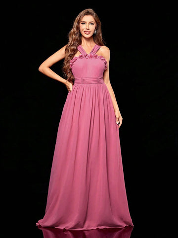 Women'S Pleated 3d Flower Decor Scarf Chiffon Dress With Train For Bridesmaid