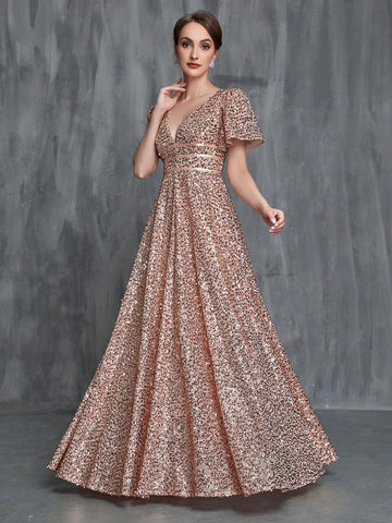Women'S Plunging Neck Butterfly Sleeve Sequin Formal Dress