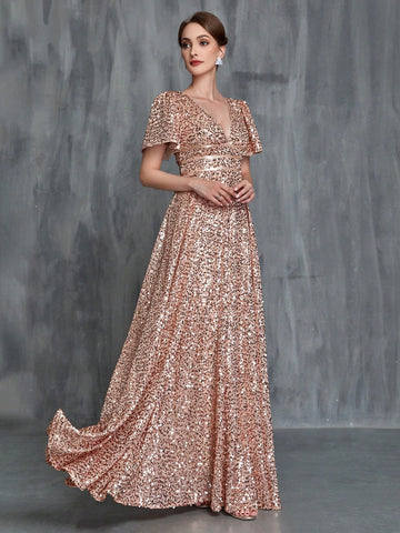 Women'S Plunging Neck Butterfly Sleeve Sequin Formal Dress