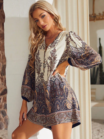 Women'S Romper With Paisley Print And Lantern Sleeves