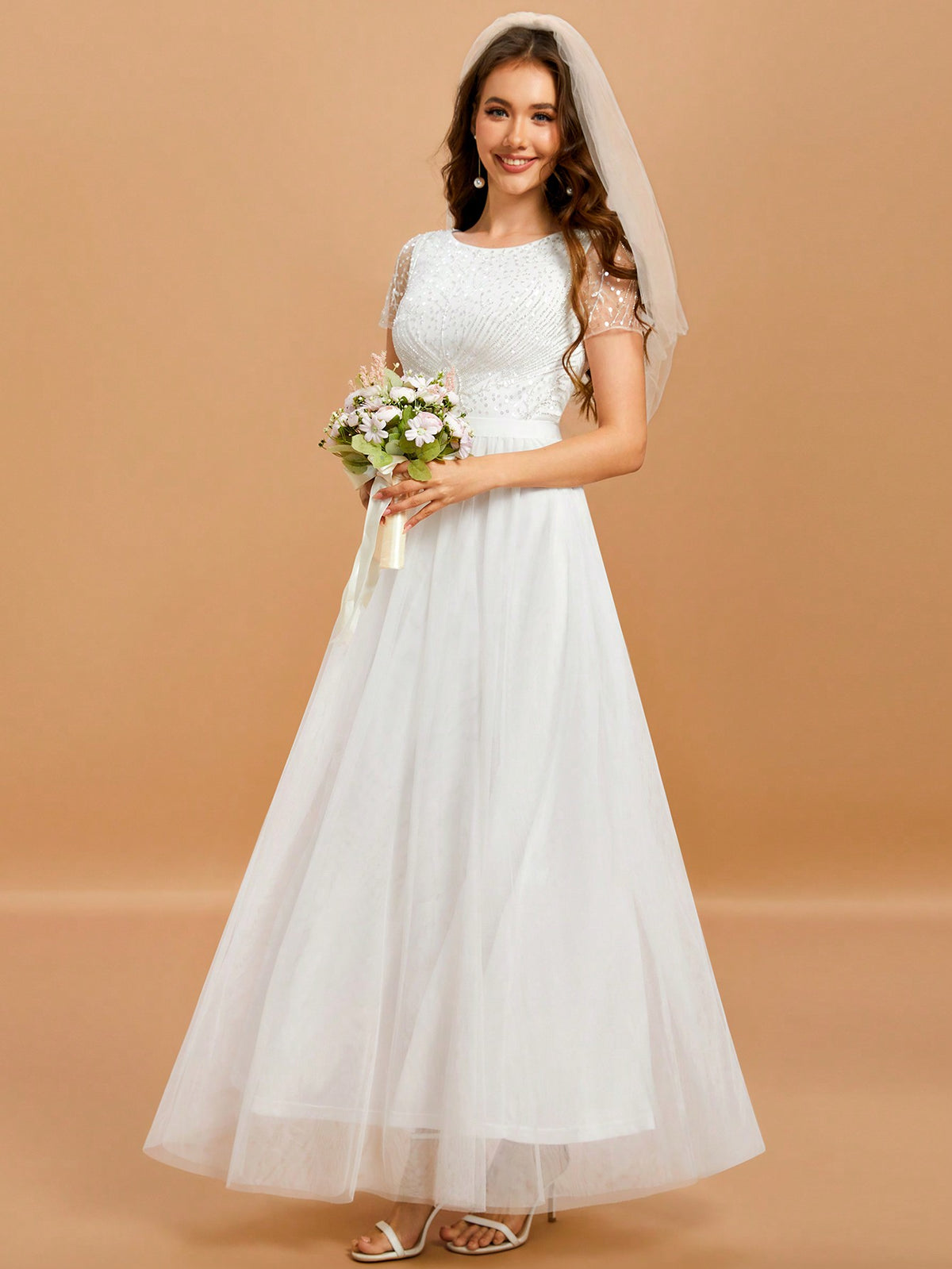 Women'S Round Neck Short Sleeve Embroidery Sequin Long Mesh Wedding Dress