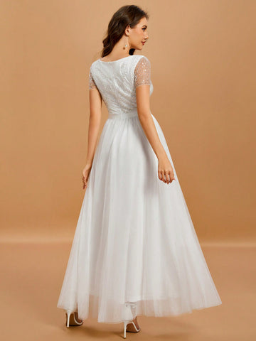 Women'S Round Neck Short Sleeve Embroidery Sequin Long Mesh Wedding Dress