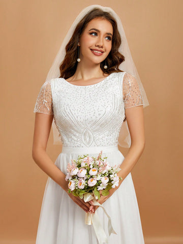 Women'S Round Neck Short Sleeve Embroidery Sequin Long Mesh Wedding Dress