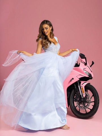 Women'S Sequined & Mesh Splice Long Evening Party Prom Dress