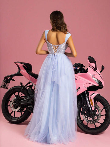 Women'S Sequined & Mesh Splice Long Evening Party Prom Dress