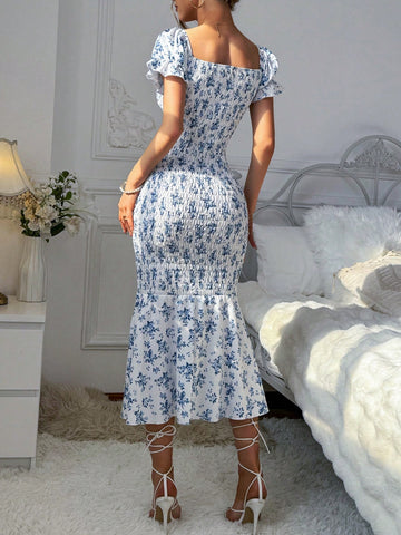 Women'S Sexy Bohemian Printed Vintage Holiday Casual Puff Sleeve A-Line Dress With Gathered Waist, Mermaid Hem & Ruffle Trim