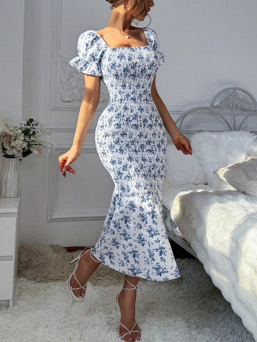 Women'S Sexy Bohemian Printed Vintage Holiday Casual Puff Sleeve A-Line Dress With Gathered Waist, Mermaid Hem & Ruffle Trim