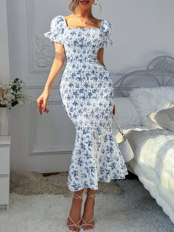 Women'S Sexy Bohemian Printed Vintage Holiday Casual Puff Sleeve A-Line Dress With Gathered Waist, Mermaid Hem & Ruffle Trim