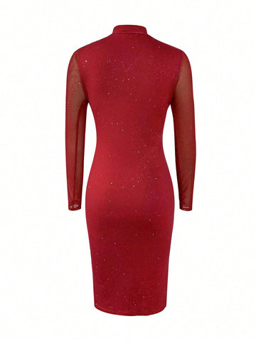 Women'S Sheer Mesh Patchwork Slim Fit Dress With Stand Collar, Silver Foil & Rhinestone Decoration