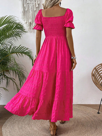 Women'S Shirred Panel & Ruffle Hem Decor Dress
