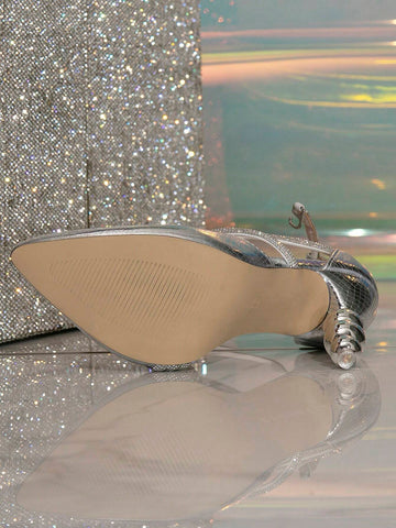 Women'S Silver Pointed Toe Stiletto Heels With Irregular Heel, Rhinestone Detail And Ankle Strap