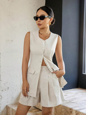 Women'S Single-Breasted Vest And Shorts Set