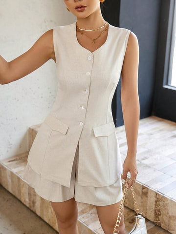 Women'S Single-Breasted Vest And Shorts Set