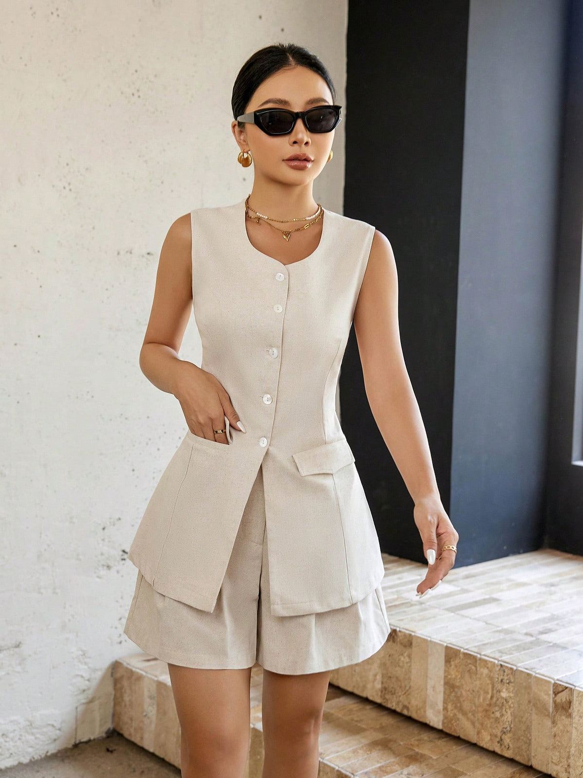 Women'S Single-Breasted Vest And Shorts Set