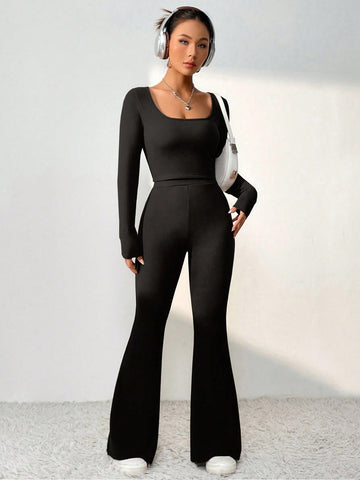 Women'S Slim Long-Sleeved Top And Flared Pants Two-Piece Set