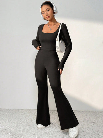 Women'S Slim Long-Sleeved Top And Flared Pants Two-Piece Set