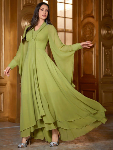 Women'S Solid Color Bell Sleeve Fit And Flare Dress