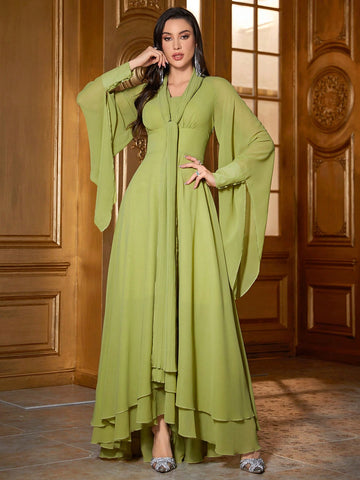 Women'S Solid Color Bell Sleeve Fit And Flare Dress