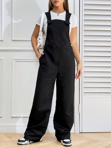 Women'S Solid Color Bib Overalls Jumpsuit With Slanted Pockets