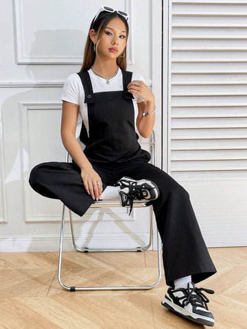 Women'S Solid Color Bib Overalls Jumpsuit With Slanted Pockets