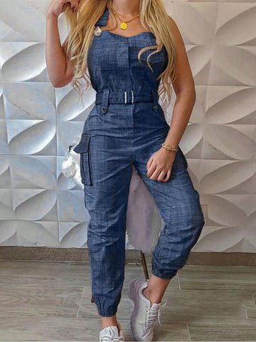 Women'S Solid Color High Waisted Cargo Jumpsuit