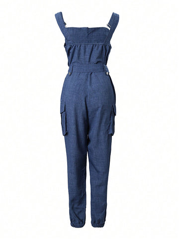 Women'S Solid Color High Waisted Cargo Jumpsuit
