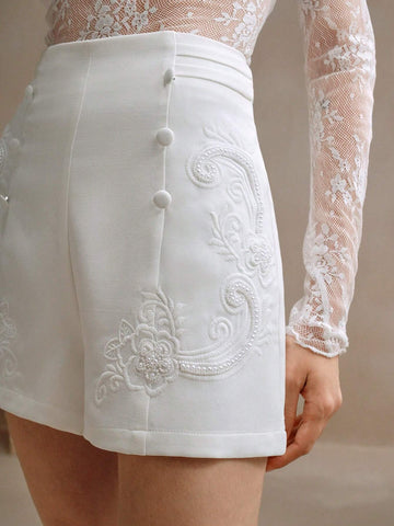 Women`S Solid Color Retro Beaded Embroidery Shorts