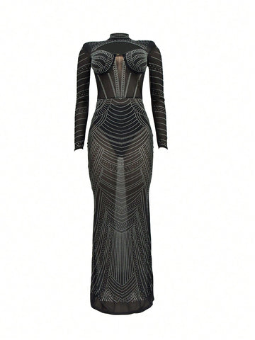 Women'S Solid Color Rhinestone Decor Sheer Mesh Long Sleeve Dress