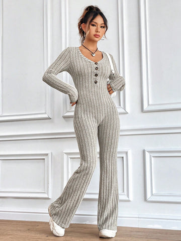Women'S Solid Color Ribbed Knit Jumpsuit