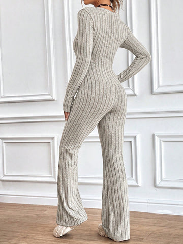 Women'S Solid Color Ribbed Knit Jumpsuit