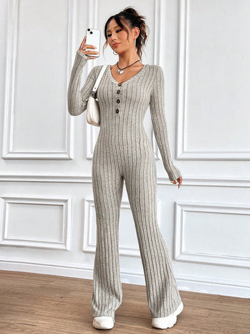 Women'S Solid Color Ribbed Knit Jumpsuit