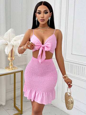 Women'S Solid Color Sexy Tie Front Cut Out Ruffle Hem Cami Top & Ruched Package Hip Skirts Set