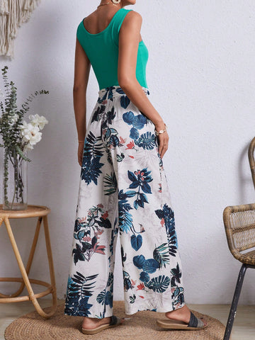 Women'S Solid Color Vest And Plant Print Pants 2pcs/Set