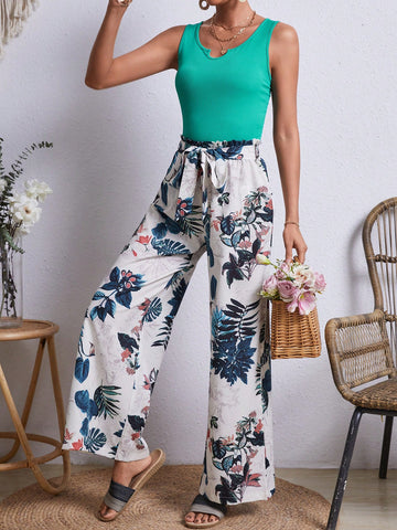 Women'S Solid Color Vest And Plant Print Pants 2pcs/Set