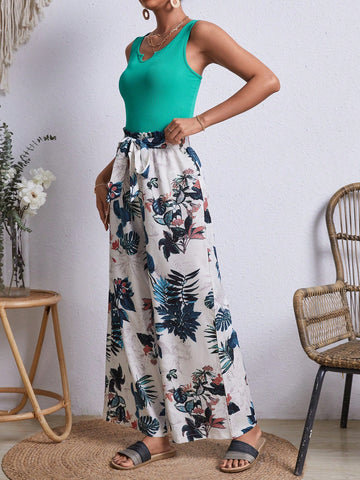 Women'S Solid Color Vest And Plant Print Pants 2pcs/Set