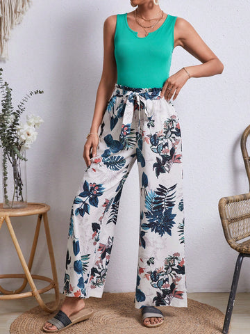 Women'S Solid Color Vest And Plant Print Pants 2pcs/Set