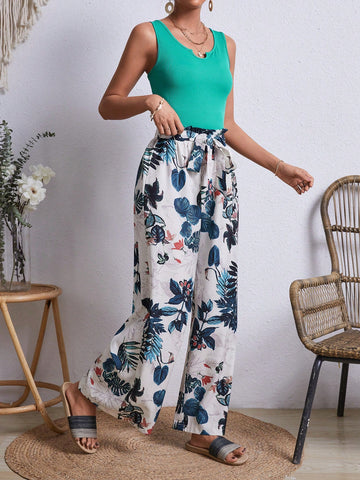Women'S Solid Color Vest And Plant Print Pants 2pcs/Set