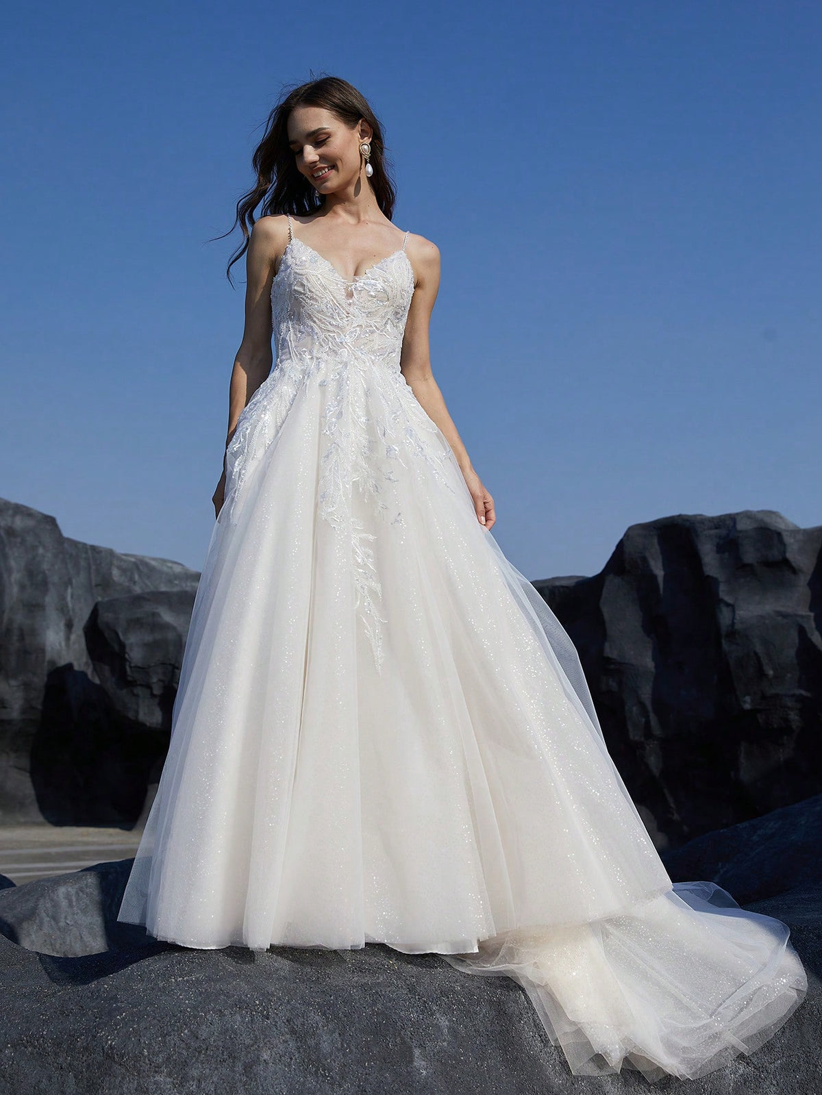 Women'S Sparkling Sequin Splicing Floor Length Wedding Cami Dress