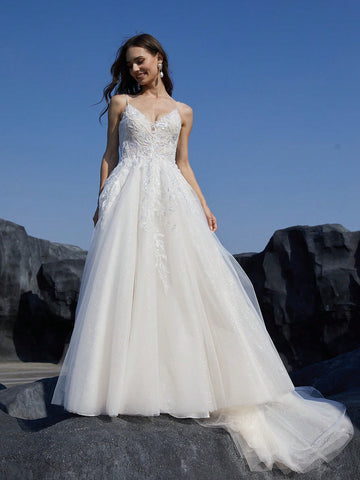 Women'S Sparkling Sequin Splicing Floor Length Wedding Cami Dress