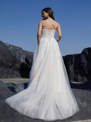 Women'S Sparkling Sequin Splicing Floor Length Wedding Cami Dress