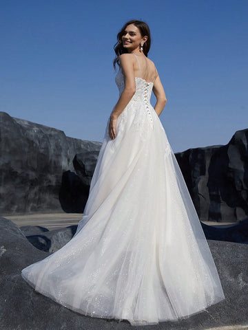 Women'S Sparkling Sequin Splicing Floor Length Wedding Cami Dress