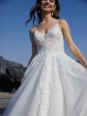 Women'S Sparkling Sequin Splicing Floor Length Wedding Cami Dress